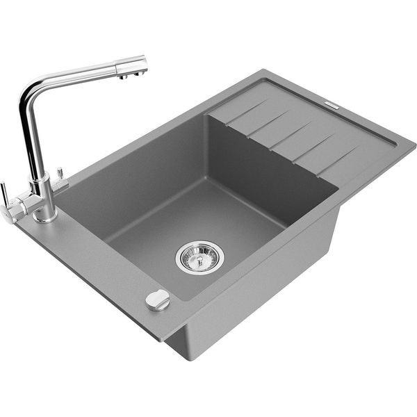 Mexen Elias Lavabo In Granito A 1 Vasca Con Sgocciolatoio E Rubinetto Da Cucina Duero, Grigio - 6511-71-671600-00-image