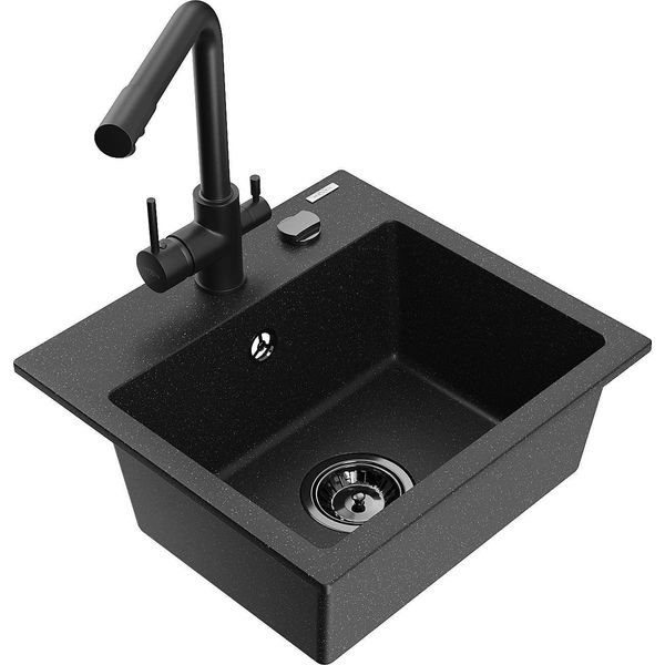 Mexen Milo Lavello Da Cucina In Granito A 1 Vasca Con Rubinetto Cucina Duero, Nero/Metallo Argento - 6505-73-671600-70-B-image