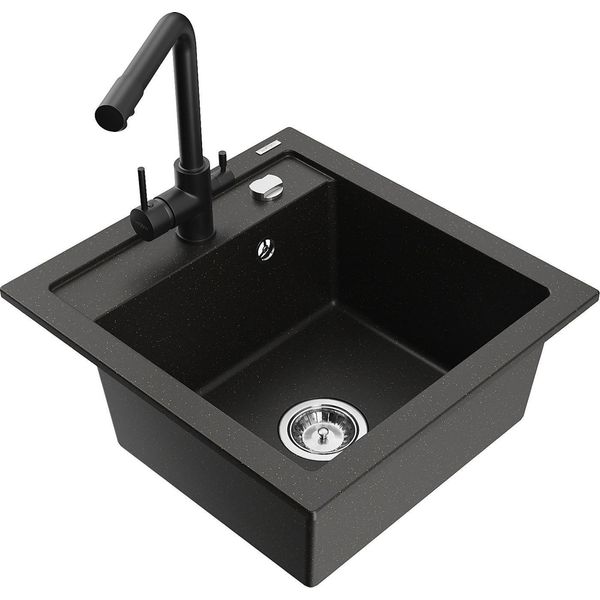 Mexen Vito Lavello Da Cucina In Granito Con 1 Vasca E Rubinetto Cucina Duero, Nero/Oro Metallizzato - 6503-75-671600-70-image