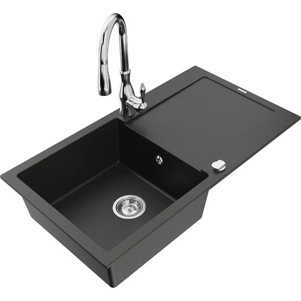 Mexen Leo Lavello In Granito A 1 Vasca Con Scolapiatti E Rubinetto Da Cucina Savita, Nero/Oro Metallico - 6501-75-672601-00-image