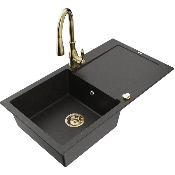 Mexen Leo Lavello In Granito 1-Vasca Con Sgocciolatoio E Rubinetto Da Cucina Savita, Nero/Oro Metallizzato - 6501-75-672601-50-image