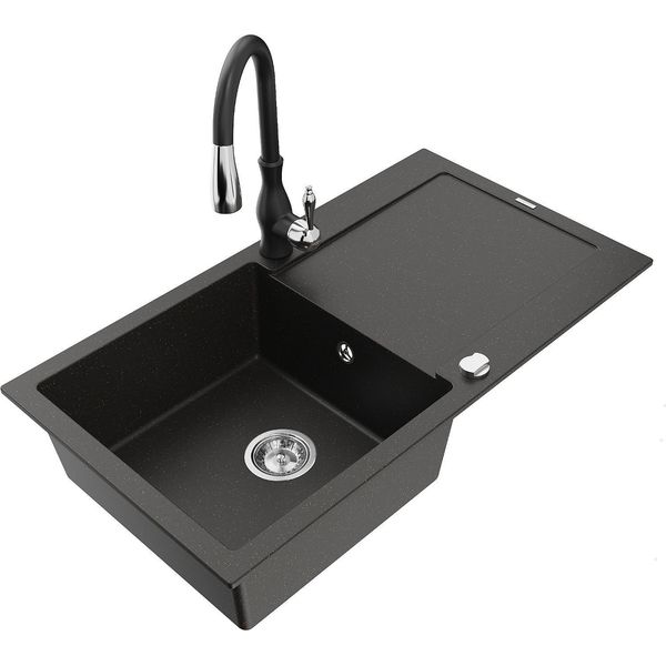 Mexen Leo Lavello In Granito A 1 Vasca Con Scolapiatti E Miscelatore Cucina Savita, Nero/Oro Metallizzato - 6501-75-672601-70-image