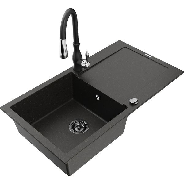 Mexen Leo Lavello Di Granito Monovasca Con Scolapiatti E Rubinetto Da Cucina Savita, Nero/Oro Metallico - 6501-75-672601-70-B-image