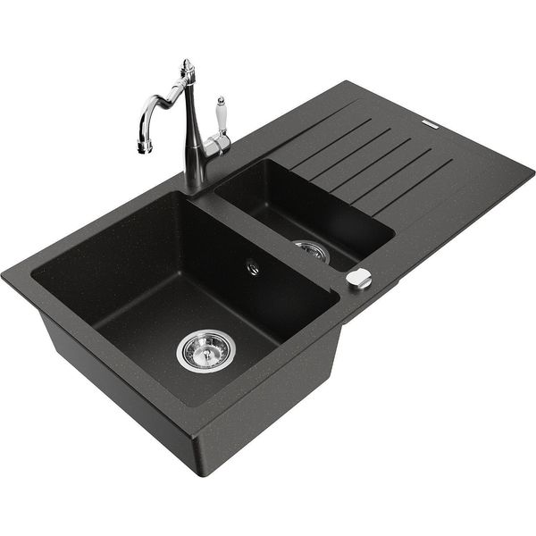 Mexen Matias Lavello In Granito A 1,5 Vasche Con Scolapiatti E Rubinetto Da Cucina Carla, Nero/Oro Metallizzato-image