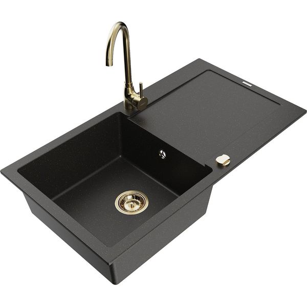 Mexen Leo Lavello Da Cucina In Granito 1-Vasca Con Sgocciolatoio E Rubinetto Telma, Nero/Oro Metallizzato - 6501-75-670200-50-image