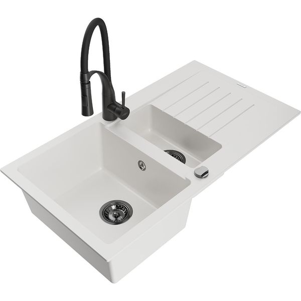 Mexen Matias Lavello In Granito A 1,5 Vasche Con Sgocciolatoio E Miscelatore Cucina Aster, Bianco - 6502-20-73450-70-B-image