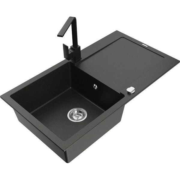 Mexen Leo Lavello In Granito A 1 Vasca Con Gocciolatoio E Rubinetto Da Cucina Rita, Nero/Oro Metallizzato - 6501-75-670300-70-image