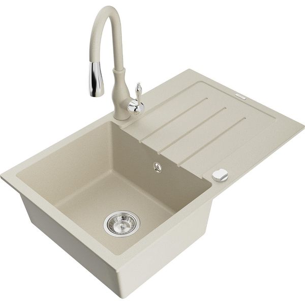 Mexen Bruno Lavello Da Cucina In Granito A 1 Vasca Con Scolapiatti E Rubinetto Da Cucina Savita, Beige - 6513-69-672601-69-image