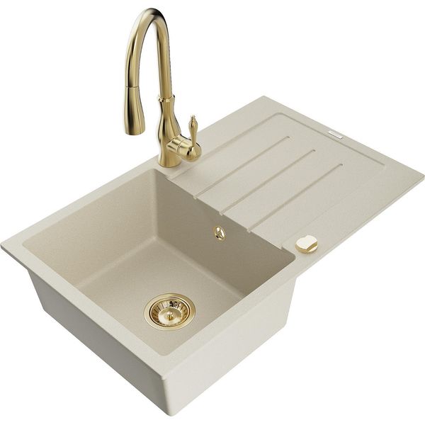 Mexen Bruno Lavello In Granito 1 Vasca Con Scolapiatti E Rubinetto Da Cucina Savita, Beige - 6513-69-672601-50-image