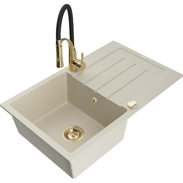 Mexen Bruno Lavello In Granito 1-Vasca Con Scolapiatti E Rubinetto Da Cucina Aster, Beige - 6513-69-73450-57-G-image