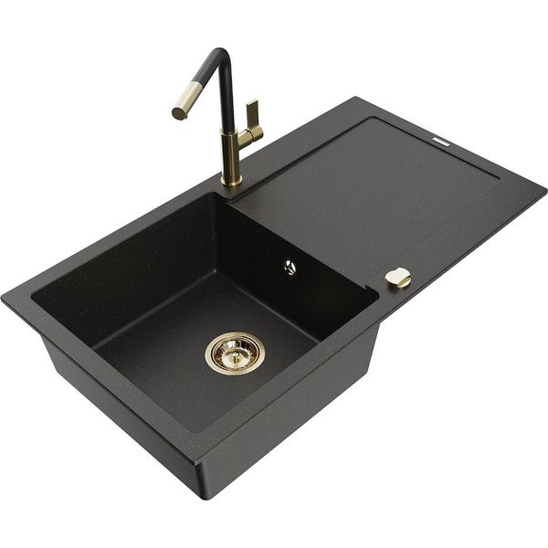 Mexen Leo Lavello In Granito A 1 Vasca Con Sgocciolatoio E Rubinetto Cucina Flora, Nero/Oro Metallizzato - 6501-75-670401-57-G-image