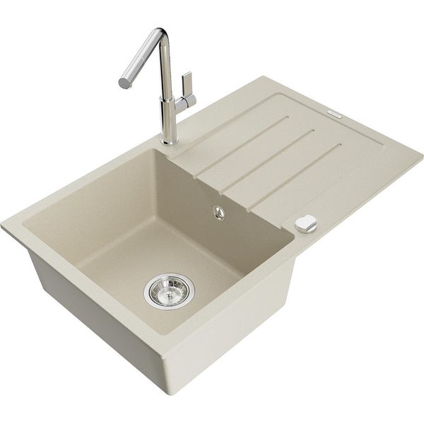 Mexen Bruno Lavello Da Cucina In Granito 1-Vasca Con Scolapiatti E Rubinetto Da Cucina Flora, Beige - 6513-69-670401-00-image