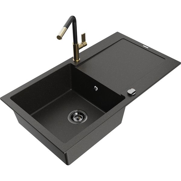 Mexen Leo Lavello In Granito A 1 Vasca Con Scolapiatti E Rubinetto Da Cucina Flora, Nero/Oro Metallizzato - 6501-75-670401-57-B-image
