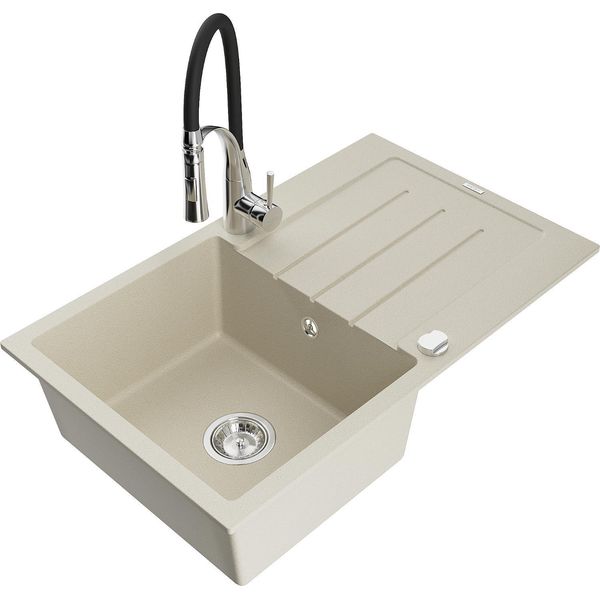 Mexen Bruno Lavello In Granito A 1 Vasca Con Sgocciolatoio E Rubinetto Da Cucina Aster, Beige - 6513-69-73450-07-image
