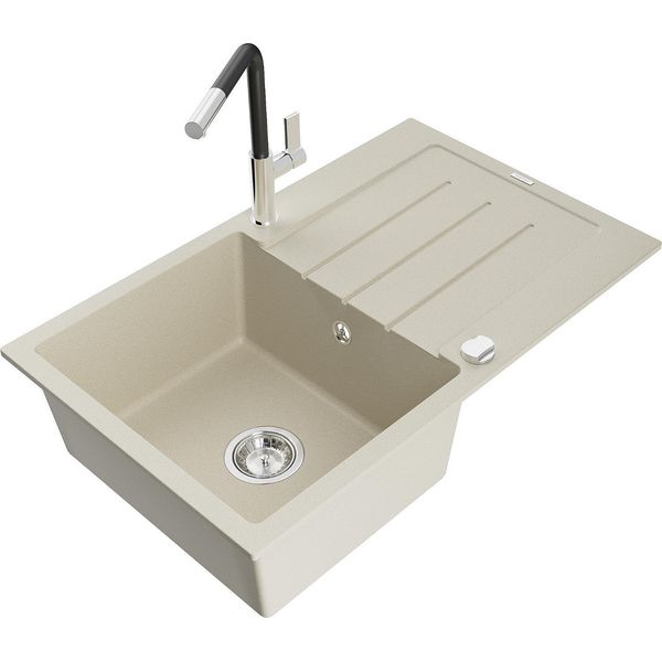 Mexen Bruno Lavello Da Cucina In Granito Con 1 Vasca E Scolapiatti E Rubinetto Flora, Beige - 6513-69-670401-07-image