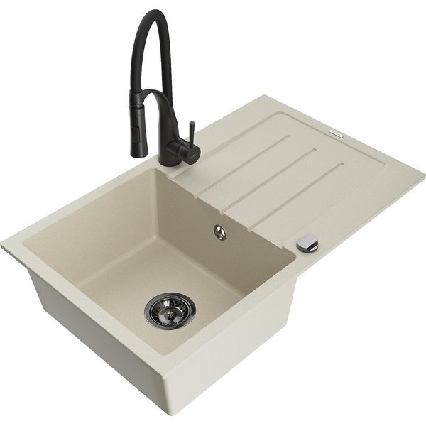 Mexen Bruno Lavello Da Cucina In Granito A 1 Vasca Con Scolapiatti E Rubinetto Aster, Beige - 6513-69-73450-70-B-image