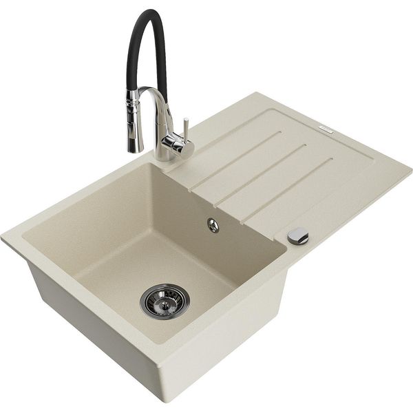 Mexen Bruno Lavello In Granito A 1 Vasca Con Gocciolatoio E Rubinetto Da Cucina Aster, Beige - 6513-69-73450-07-B-image