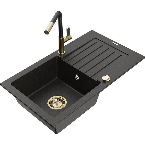 Mexen Pablo Lavello In Granito A 1 Vasca Con Scolapiatti E Miscelatore Da Cucina Flora, Nero/Oro Metallizzato-image