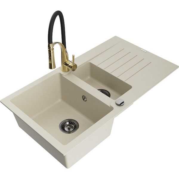 Mexen Matias Lavello In Granito 1,5 Vasca Con Scolapiatti E Rubinetto Da Cucina Aster, Beige - 6502-69-73450-57-B-image