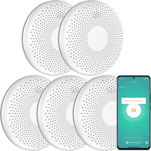 Aroha Smart Connect Rilevatore Di Fumo E Monossido Di Carbonio Wifi - Batteria Da 10 Anni - Allarme Antincendio & Monossido Carbonio - 5 Pezzi-image