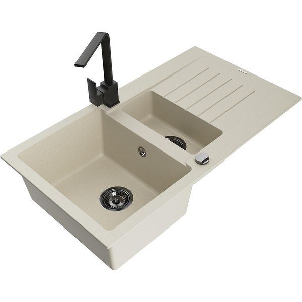 Mexen Matias Lavello In Granito 1,5 Vasche Con Scolapiatti E Rubinetto Da Cucina Rita, Beige - 6502-69-670300-70-image