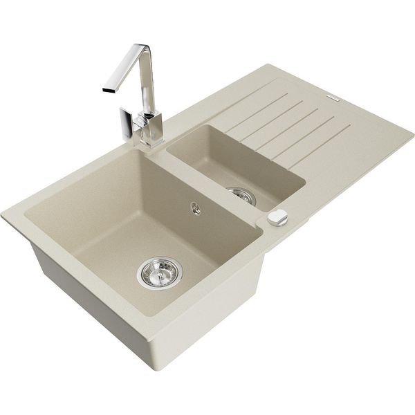 Mexen Matias Lavello In Granito 1,5 Vasche Con Gocciolatoio E Rubinetto Da Cucina Rita, Beige - 6502-69-670300-00-image
