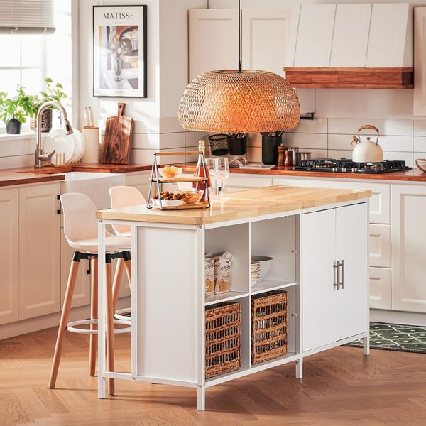 Sobuy KNL09-WN Isola Da Cucina A Libera Installazione Armadio Da Cucina Highborad Cassettiera Armadio Credenza Tavolino Da Bar Buffet Bianco-Naturale Wd Circa 170X89X60Cm-image