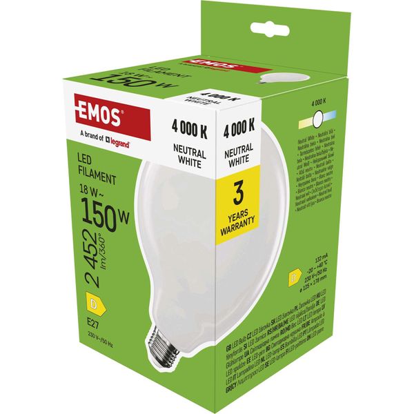 Emos Lampada Led Edison G125, 18W In Sostituzione Della Lampadina A Incandescenza Da 150W, Globo Lattiginoso Con Base E27 E Luminosità 2452 Lm, Bianco Neutro 4000 K-image