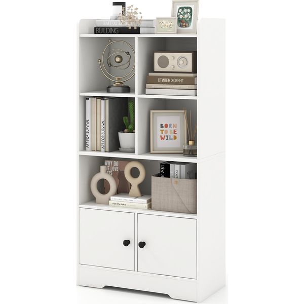 Scaffale Multiuso Costway Con Ante, Piccola Libreria Con 5 Ripiani E 2 Armadi, Vetrina Indipendente Bianca-image