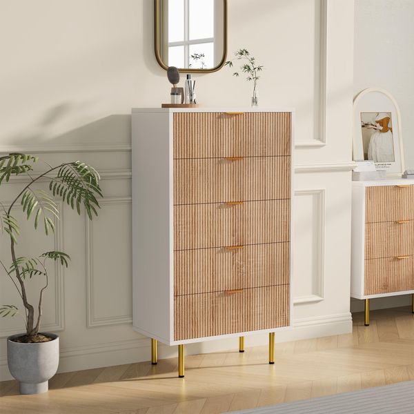 Cassettiera Fortuna Lai, Cassettiera Con 5 Cassetti, Stile Scandinavo Moderno, Maniglie E Piedini Color Oro, Cassettiera Stretta Per Soggiorno, Camera Da Letto, Corridoio, 110 X 60 X 34 Cm, Bianco-image