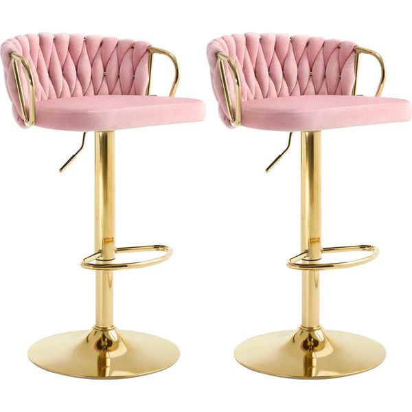 Set Di 2 Sgabelli Da Bar In Velluto - Sgabello Da Bar - Regolabile In Altezza - Girevole A 360° - Schienale Intrecciato - Struttura In Metallo Con Poggiapiedi - Altezza Seduta 82,5 Cm - Rosa-image
