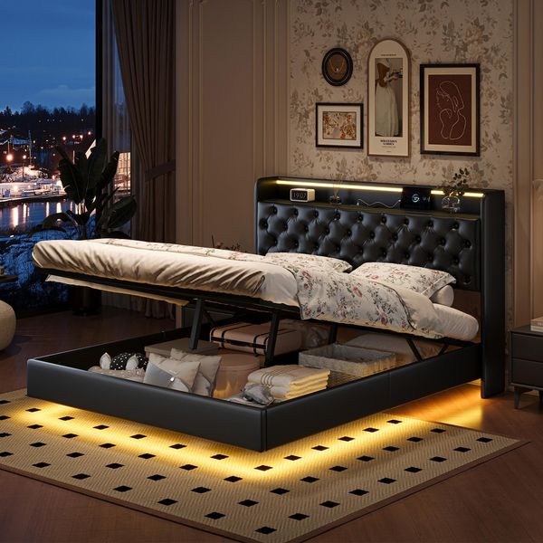 Letto Galleggiante Proximax 140×200 Cm - Finto Cuoio, Strisce Luminose A Led Sulla Testata E Sulla Struttura - Con Connessione Usb E Spazio Di Archiviazione Sotto Il Letto-image