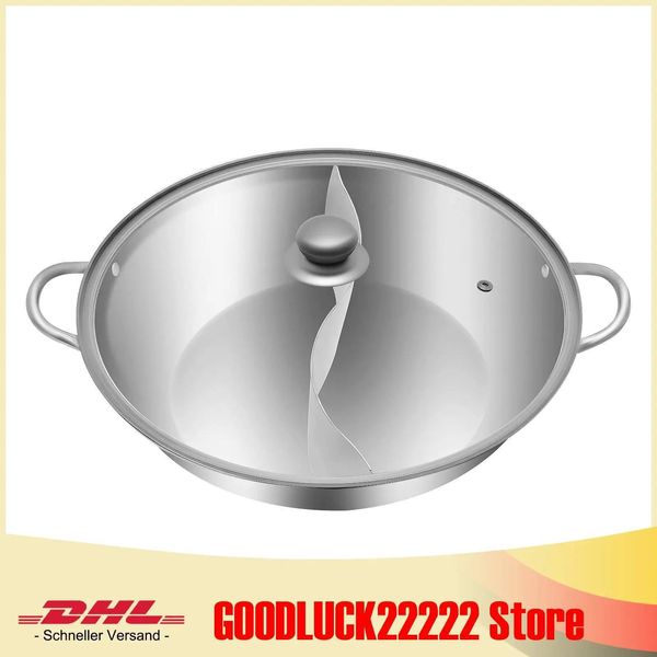 Hot Pot - Pentola Shabu Shabu - 34 Cm - Acciaio Inossidabile - Parete Divisoria Divisa (Yin-Yang) - Coperchio Di Vetro - Per Piani Di Cottura A Induzione E A Gas-image