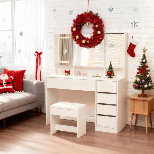 Tavolino Da Toilette Tavolino Per Cosmetici Con Sgabello Illuminazione Specchio Bianco-image