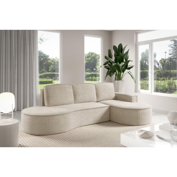 Divano Angolare Gutto Molly Di Forma Arrotondata In Tessuto Vellutato Beige - Forma Arrotondata Moderna! Nuovo 2025 (Con Funzione Letto)-image