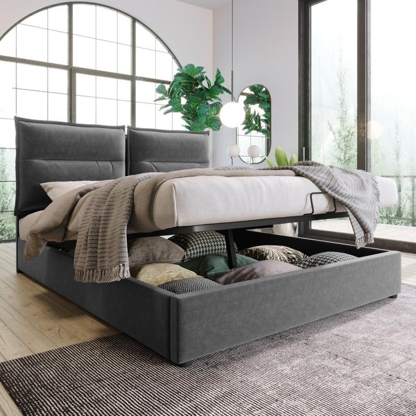Letto Imbottito Merax 140X200Cm Letto Funzionale Idraulico Con Testata Regolabile E Contenitore, Struttura In Metallo A Doghe, Letto Matrimoniale In Velluto, Grigio-image