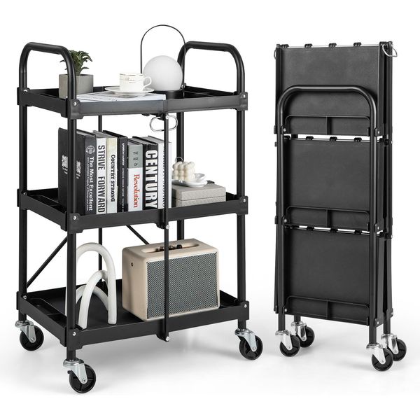 Carrello Porta Attrezzi Costway A 3 Ripiani, Carrello Pieghevole Su Rotelle, Carrello Multiuso Con Corrimano, Carrello Di Servizio Per Officina, Ufficio, Casa, Carrello Di Montaggio In Metallo, Nero-image