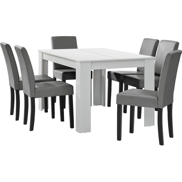 [Tavolo Da Pranzo Bianco Opaco Con 6 Sedie Imbottite In Pelle Finta Grigio Chiaro 140X90 Set Da Pranzo Sala Da Pranzo-image