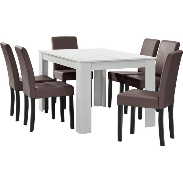 [Tavolo Da Pranzo Bianco Opaco Con 6 Sedie Imbottite In Pelle Finta Marrone 140X90 Set Da Pranzo Sala Da Pranzo-image