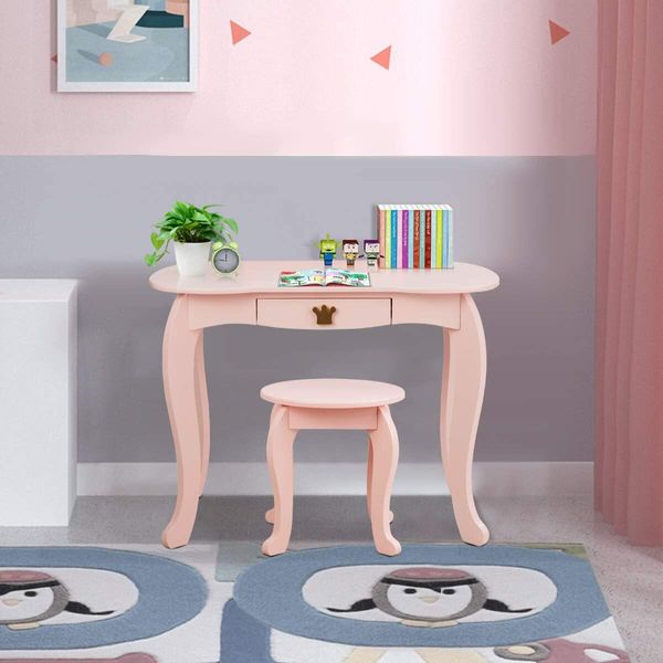 Costway Tavolo Da Toilette Per Bambini Con Sgabello E Specchio Estraibile, Tavolo Da Toilette Per Bambine In Legno, Tavolo Per Bambini Con Cassetto, Tavolo Con Specchio 80X42X106Cm Rosa-image