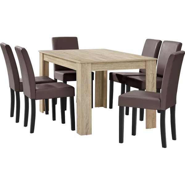 [Tavolo Da Pranzo In Rovere Chiaro Con 6 Sedie Imbottite In Pelle Finta Marrone 140X90 Set Da Pranzo Sala Da Pranzo-image