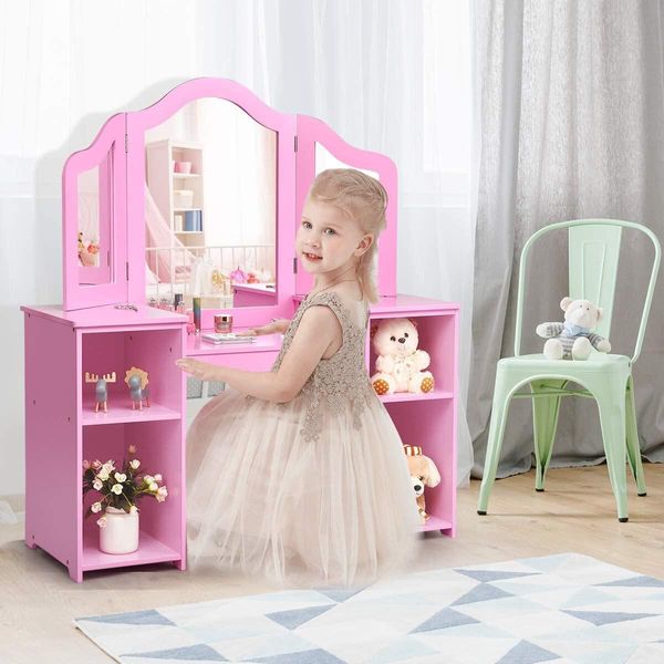Costway 2 In 1 Tavolo Da Toilette Per Bambini Con Specchio Rimovibile, Tavolo Da Toilette Per Ragazze Con Scomparti Aperti, Tavolo Da Toilette In Legno, Cassettiera Per Il Trucco (Rosa)-image