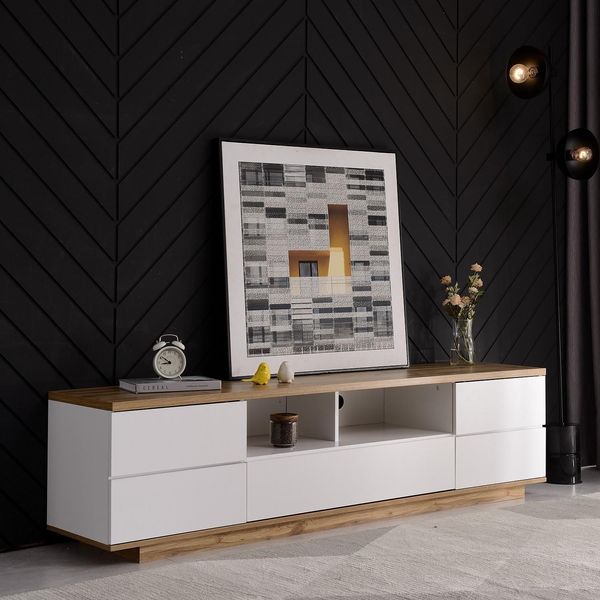 Merax Tv Mobile Tv Basso Mobile Tv 180 Cm Con Ampio Spazio Di Archiviazione E Design Bicolore, Ante Con Funzione Soft-Close, Rovere+Bianco-image