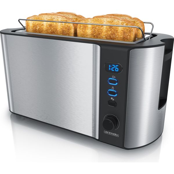 Tostapane Arendo 4 Fette, Tostapane A Fessura Lunga, Fessura Lunga, Acciaio Inox, 1500W, Display Con Indicatore Del Tempo Residuo, Attacco Per Panini, Funzione Di Scongelamento, Alloggiamento Termoisolante, Argento/Nero-image