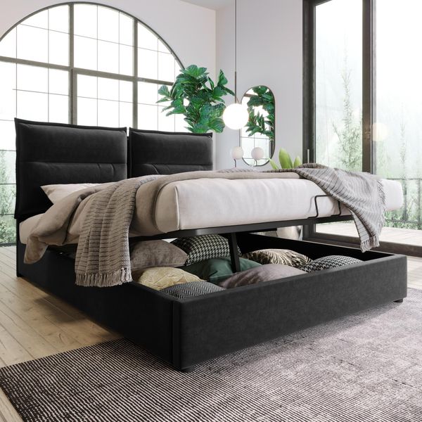 Sweiko Letto A Molle Idrauliche Letto Imbottito Testata Regolabile Con Rete A Doghe Letto Contenitore Letto In Velluto 140X200Cm Nero (Senza Materasso)-image
