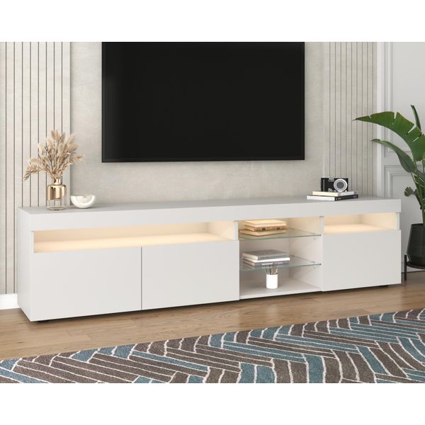 Tavolo Tv Fortuna Lai Led Bianco Lucido Con Illuminazione A Led Comprensiva Di Telecomando, Mobile Tv Mobile Tv Tavolo Tv 180Cm Mobile Soggiorno-image