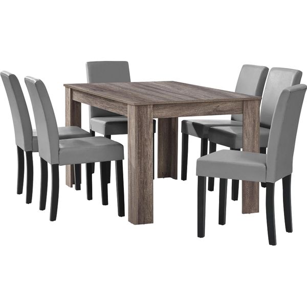 [Tavolo Da Pranzo In Rovere Antico Con 6 Sedie Imbottite In Pelle Finta Grigio Chiaro 140X90 Set Da Pranzo Sala Da Pranzo-image