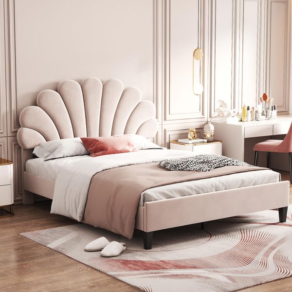 Letto Imbottito Merax 140X200Cm Con Testata A Forma Di Fiore E Rete A Doghe, Testata Regolabile In Altezza, Velluto Letto Matrimoniale Letto Funzionale Letto Per Bambini Letto Per Ragazzi, Beige-image