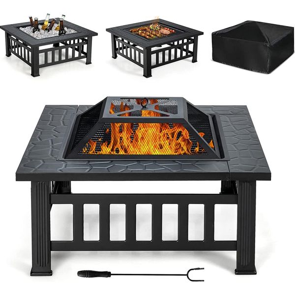 Costway 3 In 1 Ciotola Per Il Fuoco, Pozzo Per Il Fuoco All'aperto 81 X 81 Cm, Cesto Per Il Fuoco Quadrato Per Il Giardino, Il Cortile, La Terrazza E Il Balcone, Con Griglia, Grill, Attizzatoio E Coperchio, Per Picnic E Falò-image