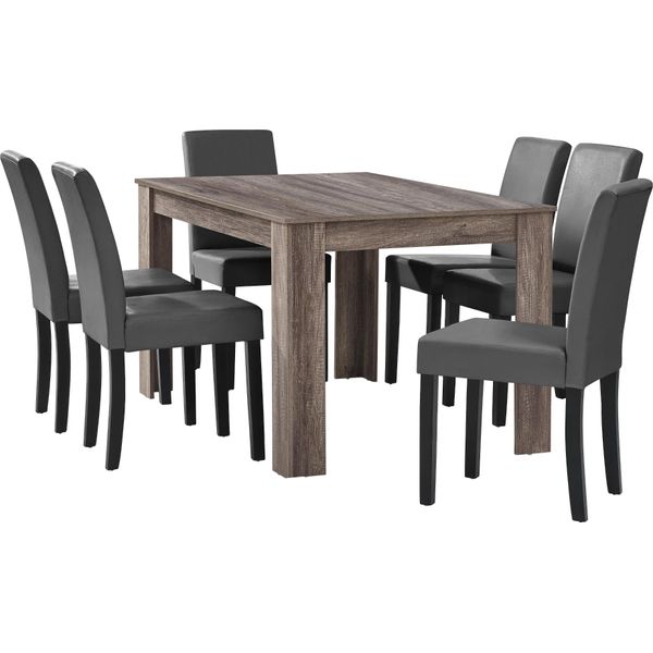 [Tavolo Da Pranzo In Rovere Antico Con 6 Sedie Imbottite In Pelle Finta Grigio Scuro 140X90 Set Da Pranzo Sala Da Pranzo-image
